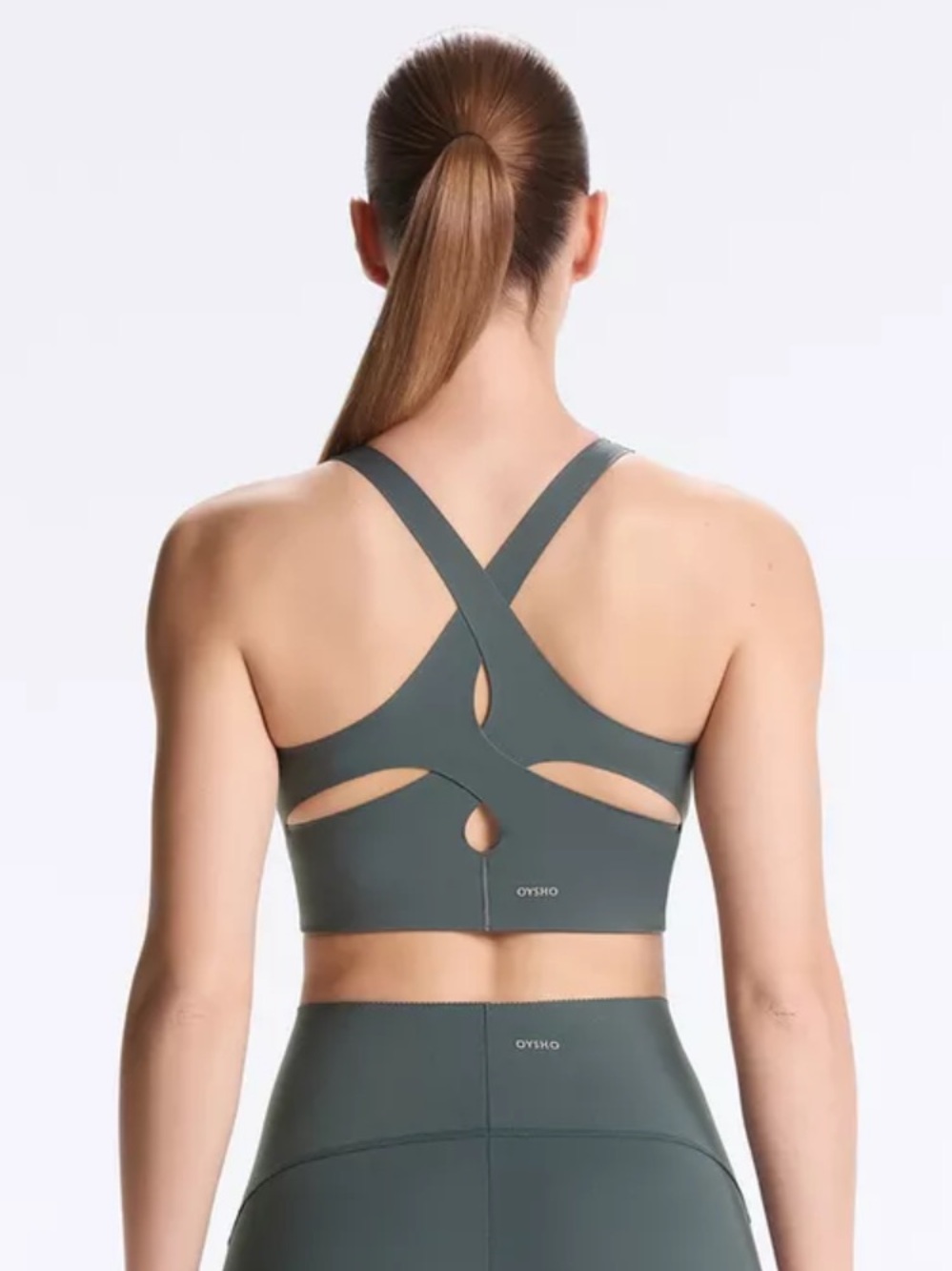 Oysho Light Touch Crossover Back Sports Bra Tank Crop Top Dark Grey Green Medium